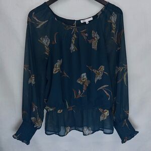 Dr 2 Ladies M Green Floral Peasant Blouse Long Sleeve Elastic Waist Cuff Lined